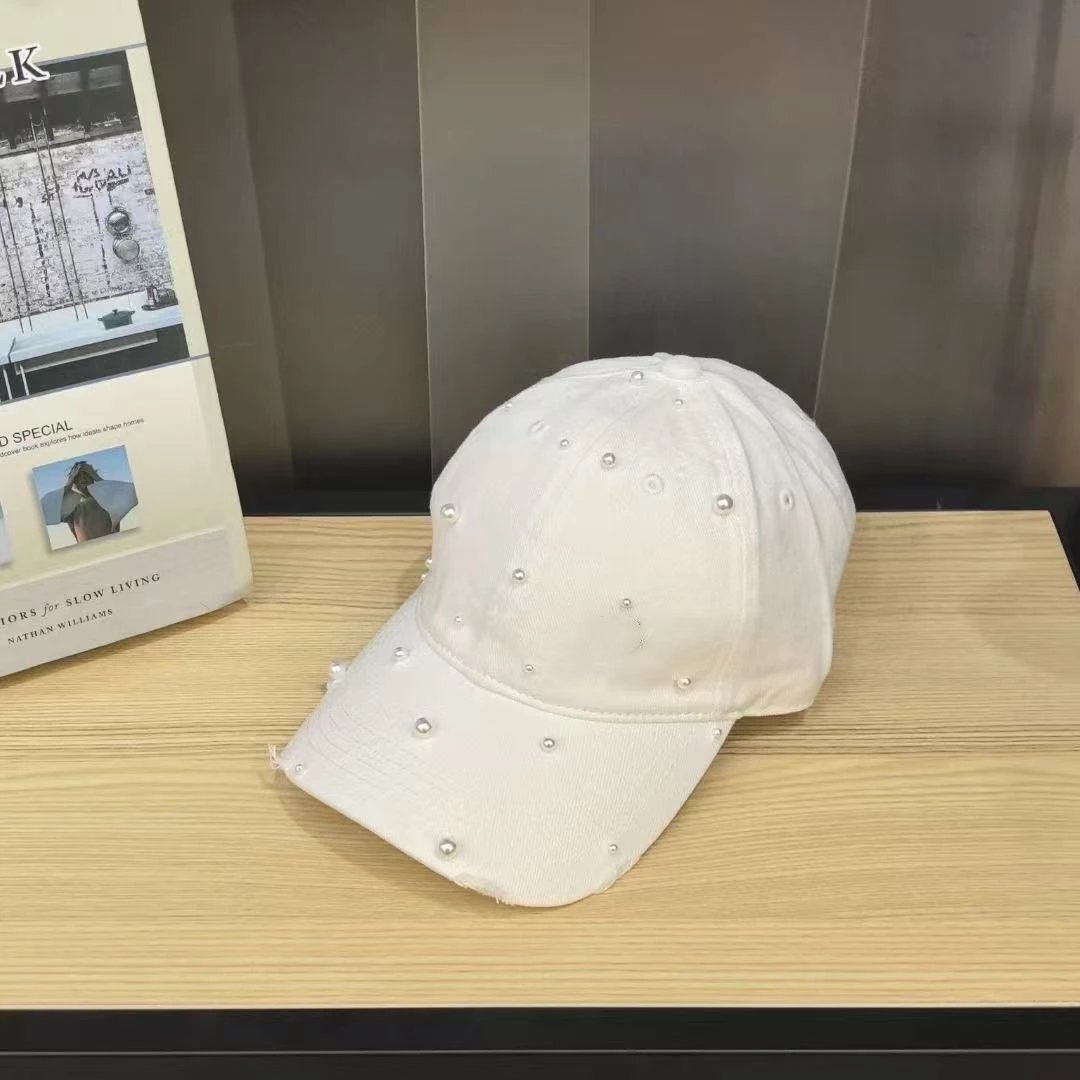 Pearl Embellished Denim Baseball Cap Pink Blue White Black Distressed