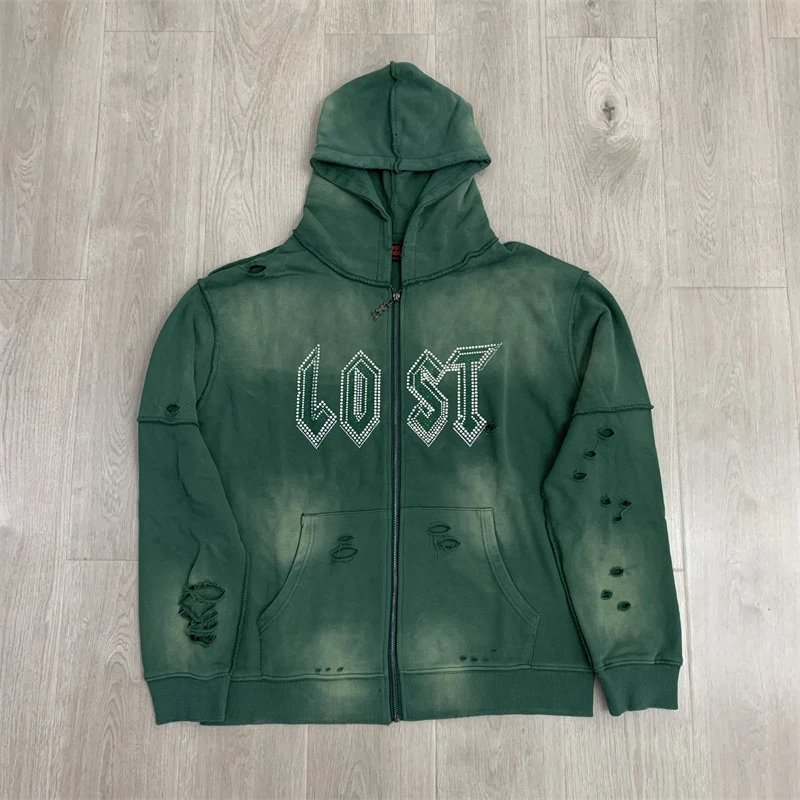 Lost Tracksuits Rhinestone Logo Distressed Zip-Up Hoodie and Jogger Set — L117 green