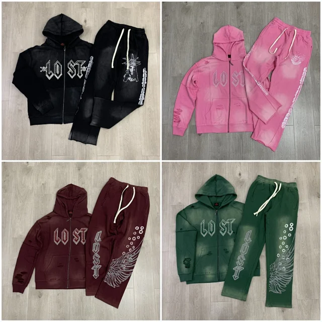 Lost Tracksuits Rhinestone Logo Distressed Zip-Up Hoodie and Jogger Set product detail image 4