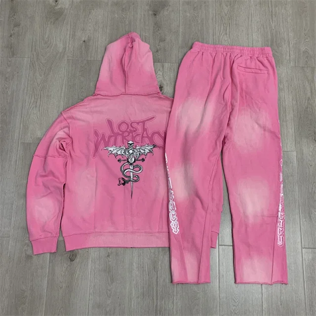 Lost Tracksuits Rhinestone Logo Distressed Zip-Up Hoodie and Jogger Set product detail image 12