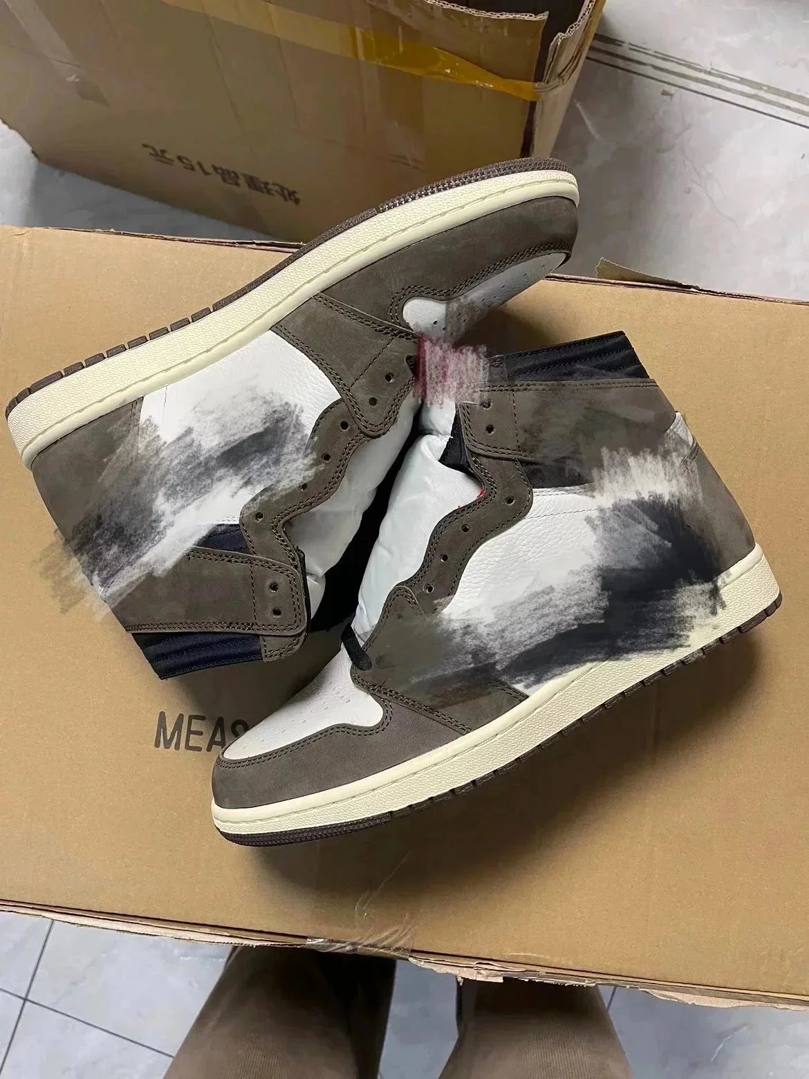 Air Jordan 1 Mocha Grey White Brushstroke High Top Sneakers