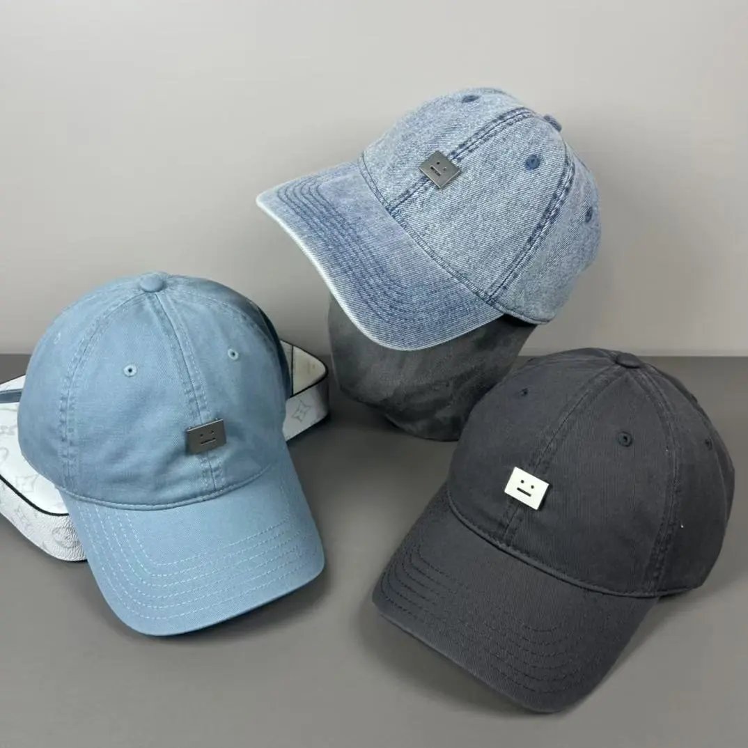 Denim Baseball Cap Light Blue Dark Gray Smiley Patch Casual Hat