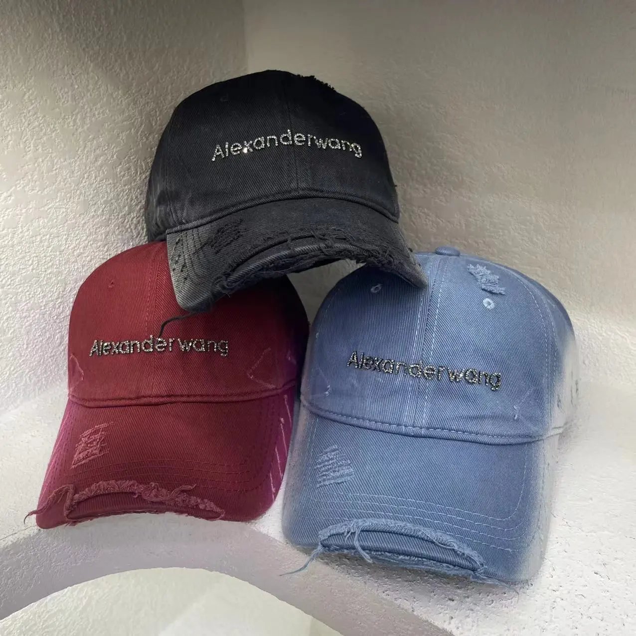 Alexander Wang Distressed Embroidered Baseball Cap Beige Olive Charcoal Vintage