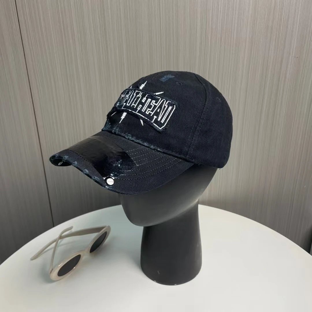 Black Denim Baseball Cap With White Embroidered Logo And Glossy Visor