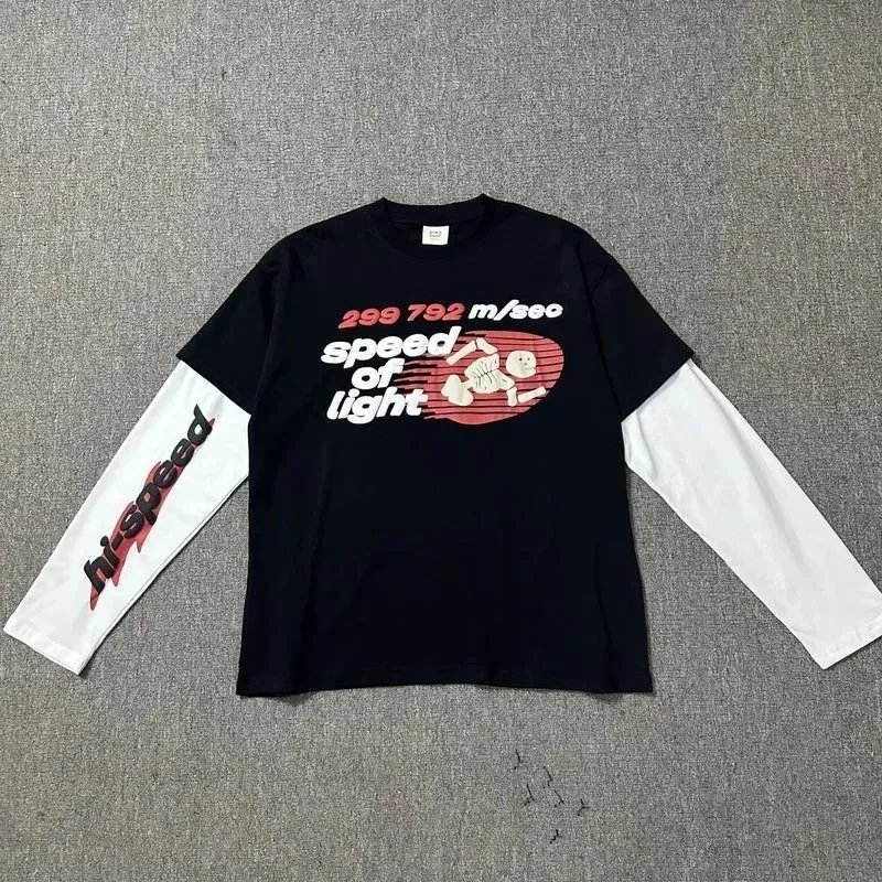 Black Long Sleeve Graphic Tee White Contrast Sleeves Speed Of Light Print