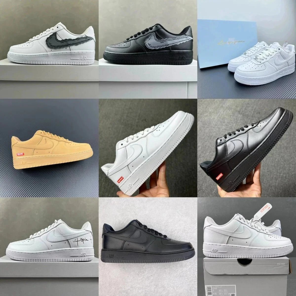 Nike Air Force 1 White Black Beige Lace-Up Casual Sneakers