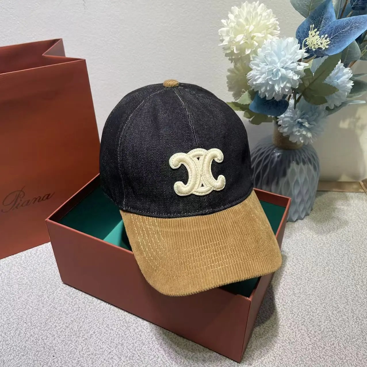 Denim Baseball Cap Black Beige Embroidered Logo Cap