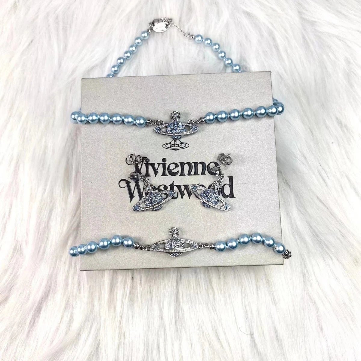 Vivienne Westwood Blue Pearl Orb Charm Necklace Earrings Bracelet Set