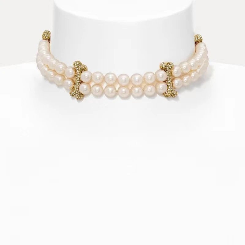 Pearl Bone Charm Multi Strand Necklace White Gold Silver Vintage