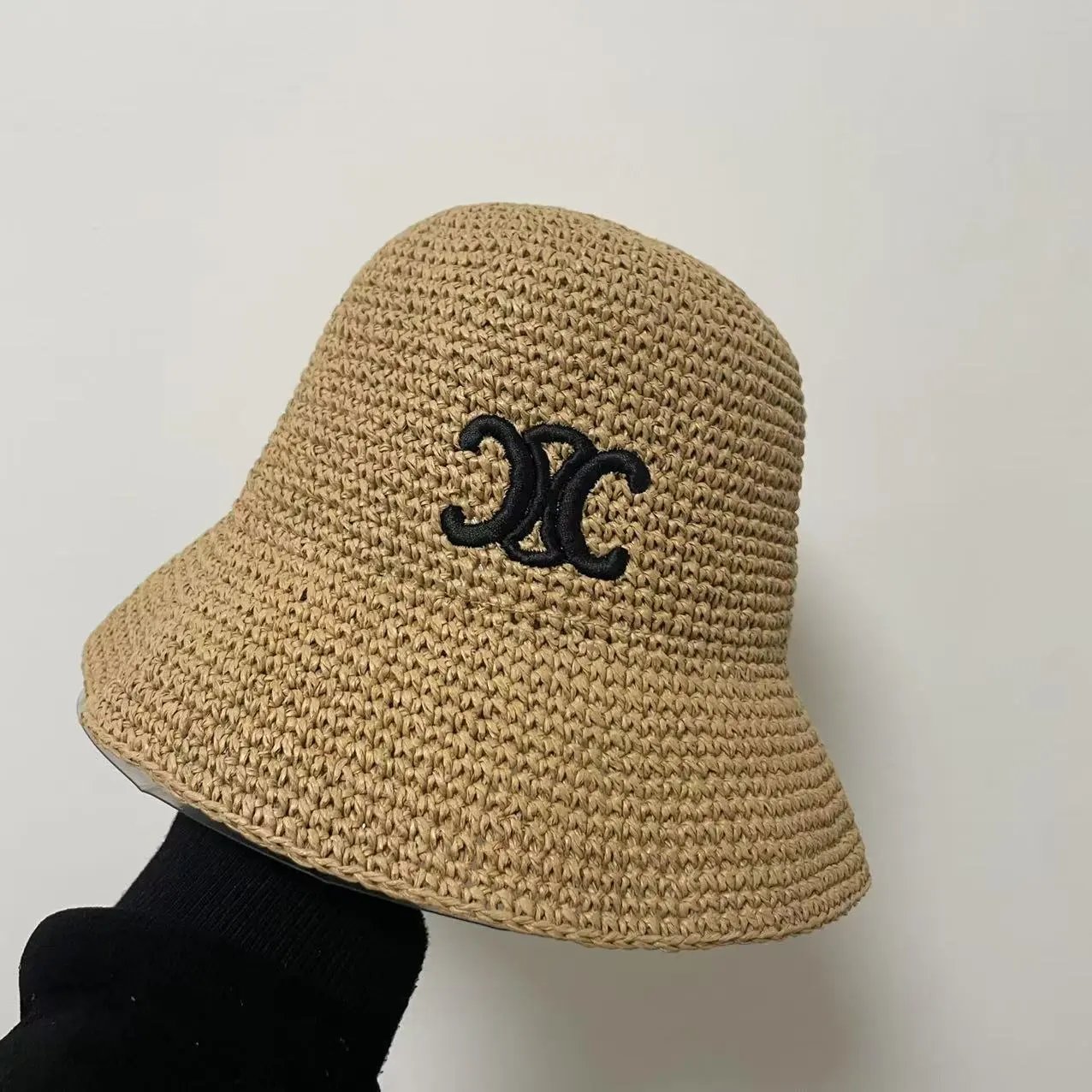 Woven Bucket Hat Beige Black Cream Embroidered Logo Summer Hat