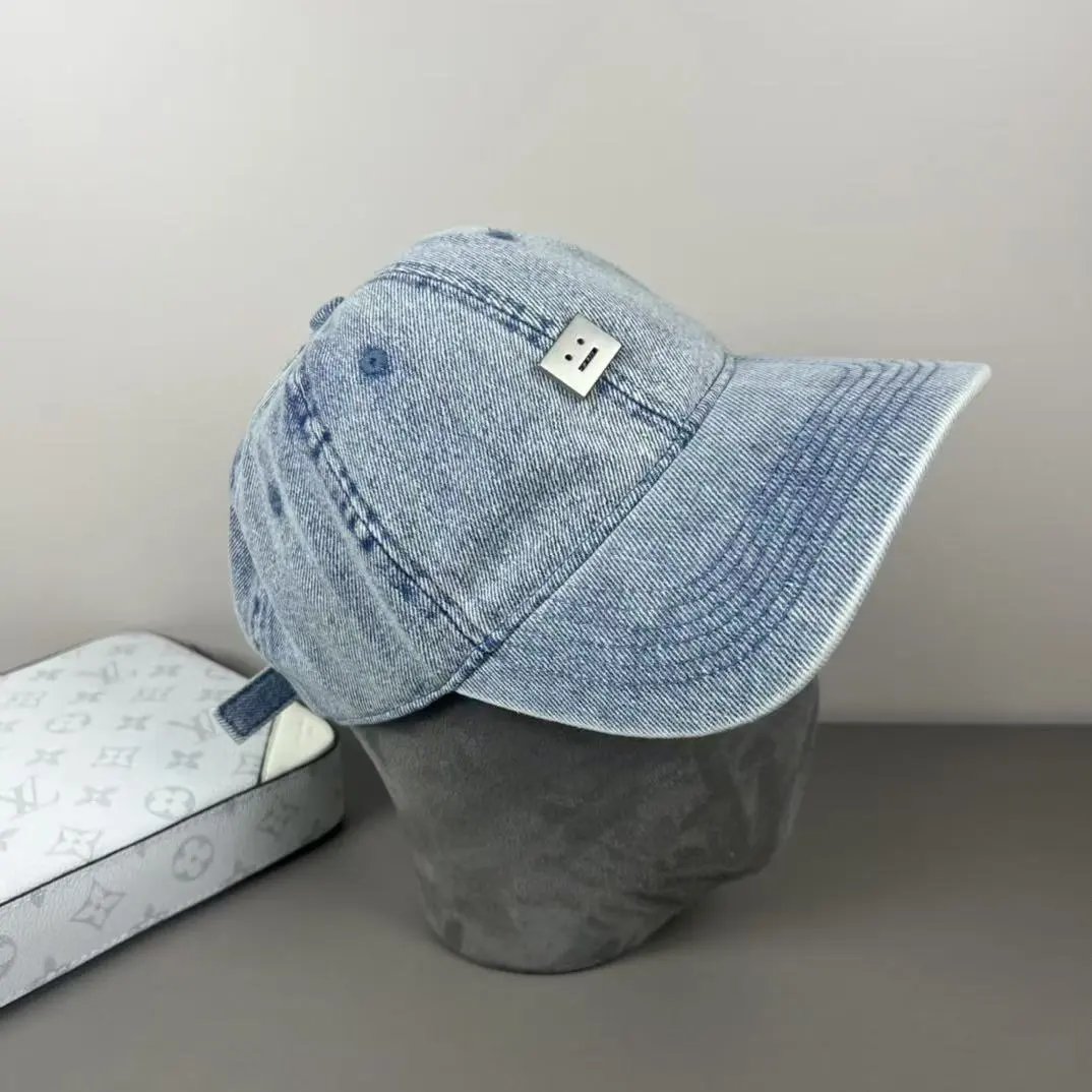 Denim Baseball Cap Light Blue Dark Gray Smiley Patch Casual Hat