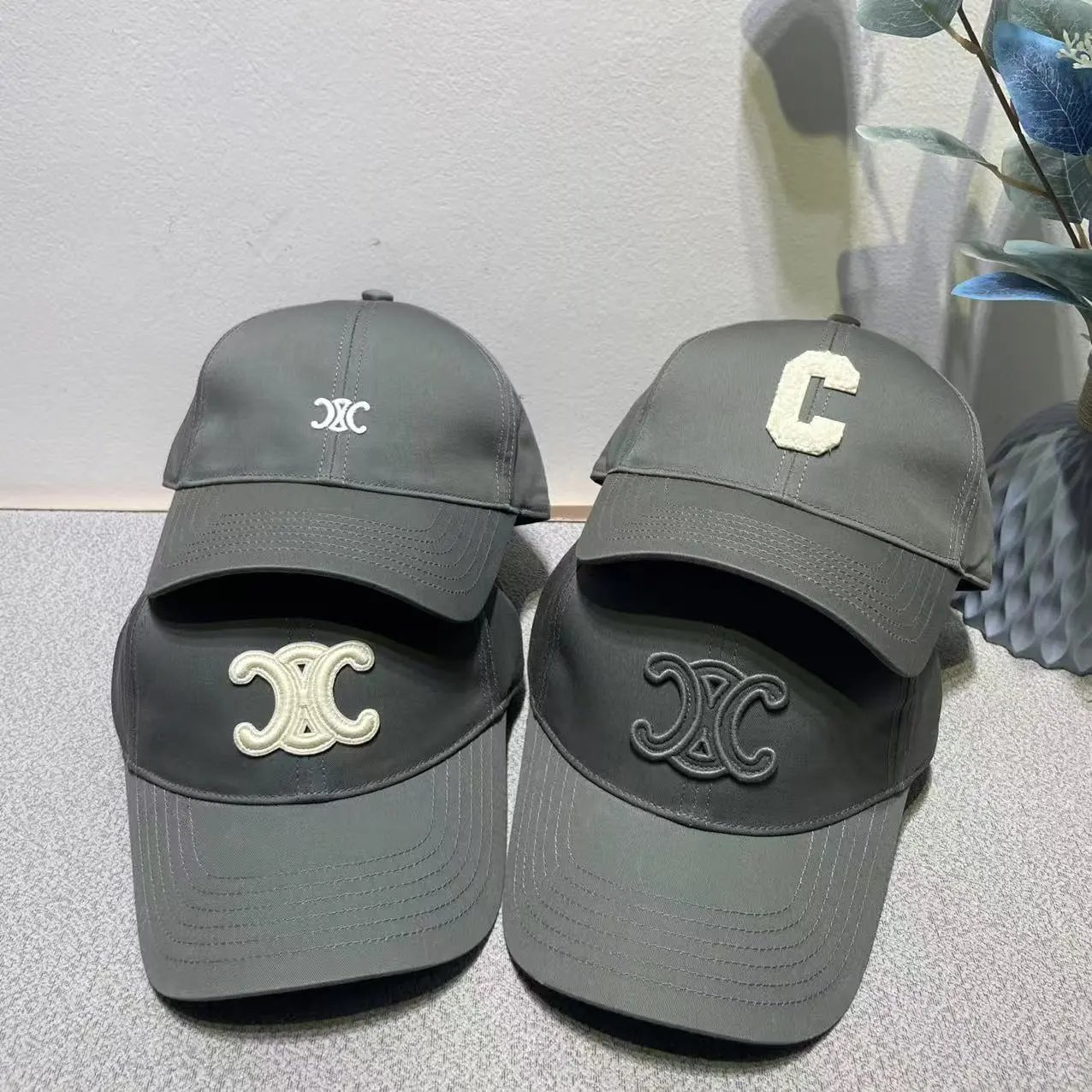 Celine Logo Embroidered Grey Brown Olive Baseball Cap