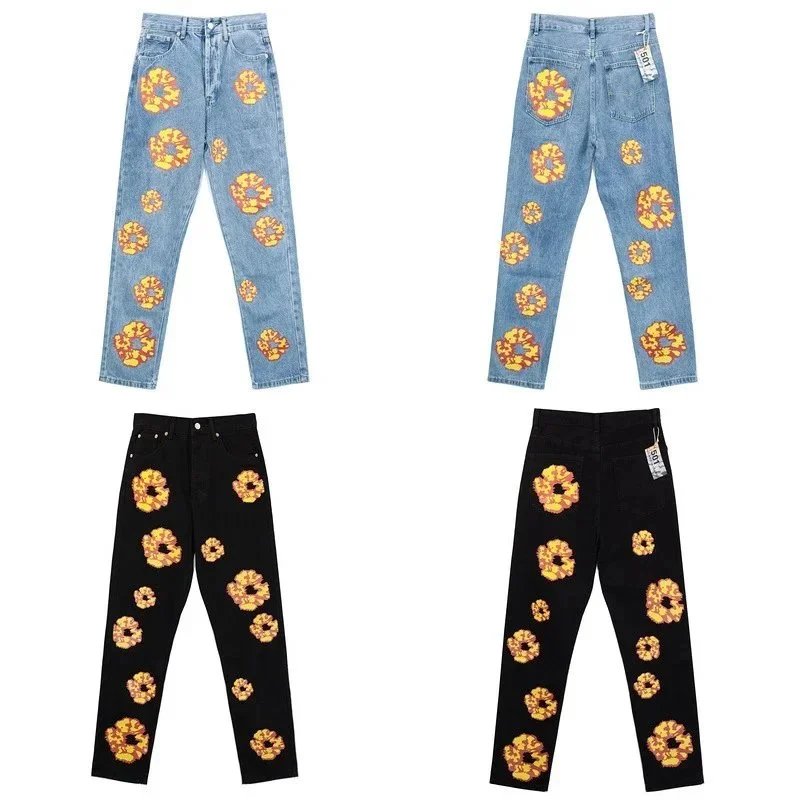 Denim Jeans Blue Floral Embroidered Straight Fit
