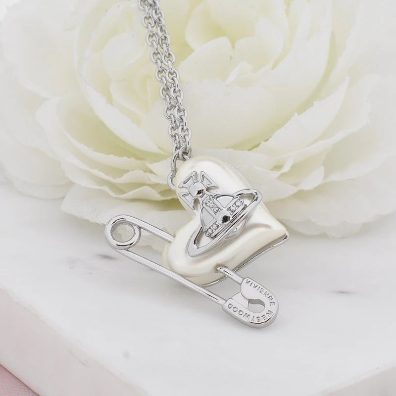 Vivienne Westwood Heart Pearl Safety Pin Necklace Silver Gold Punk