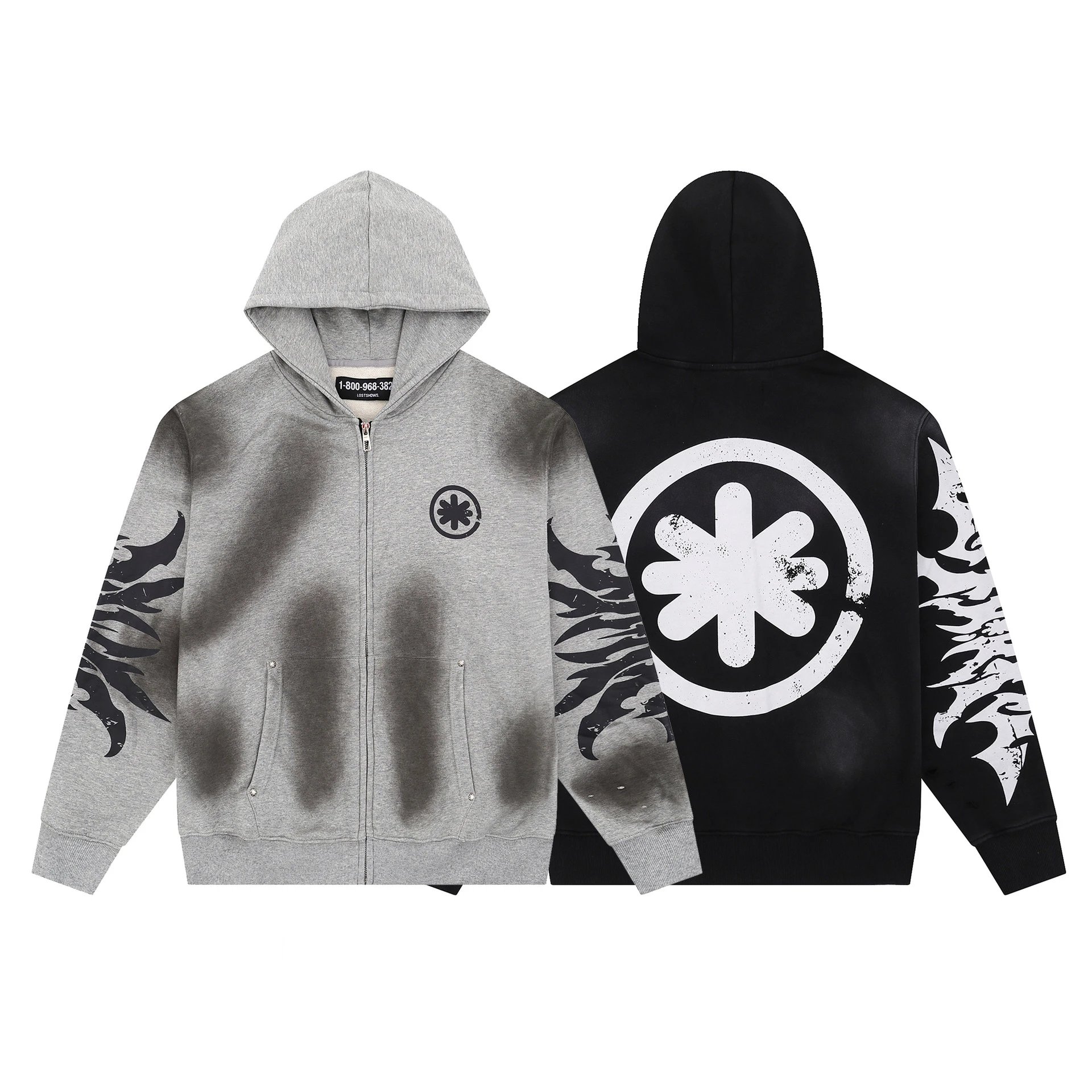 Lost Shows Zip-Up Hoodie Gray Black Graphic Streetwear