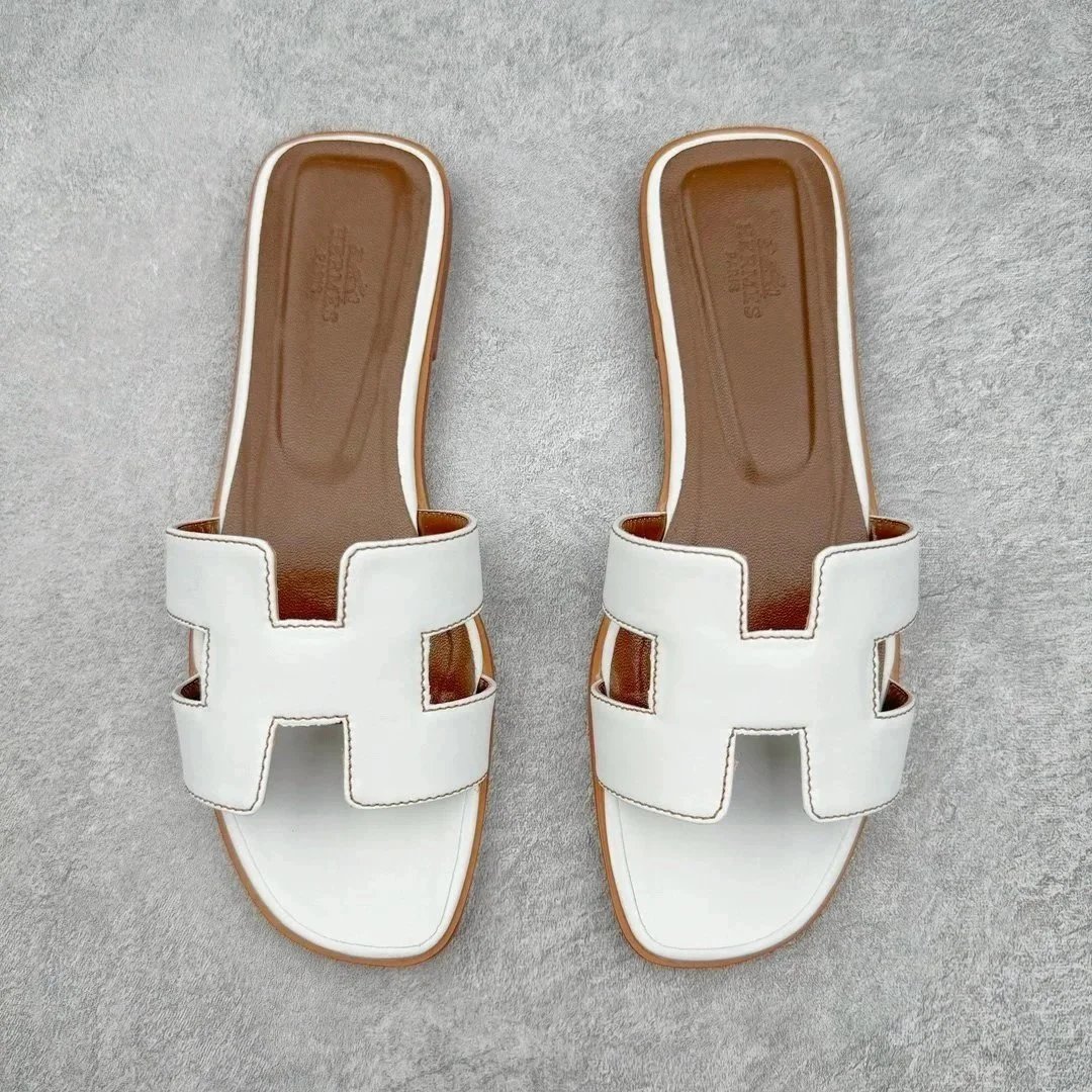 Hermès Oran White Leather Slide Sandals