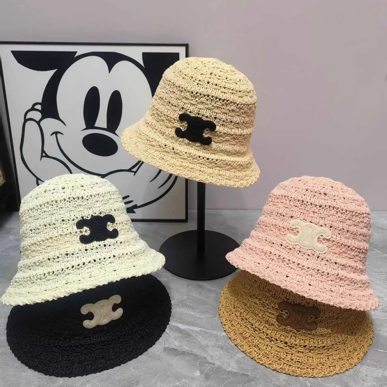 Crochet Bucket Hat Beige White Pink Black CC Logo Summer Hat