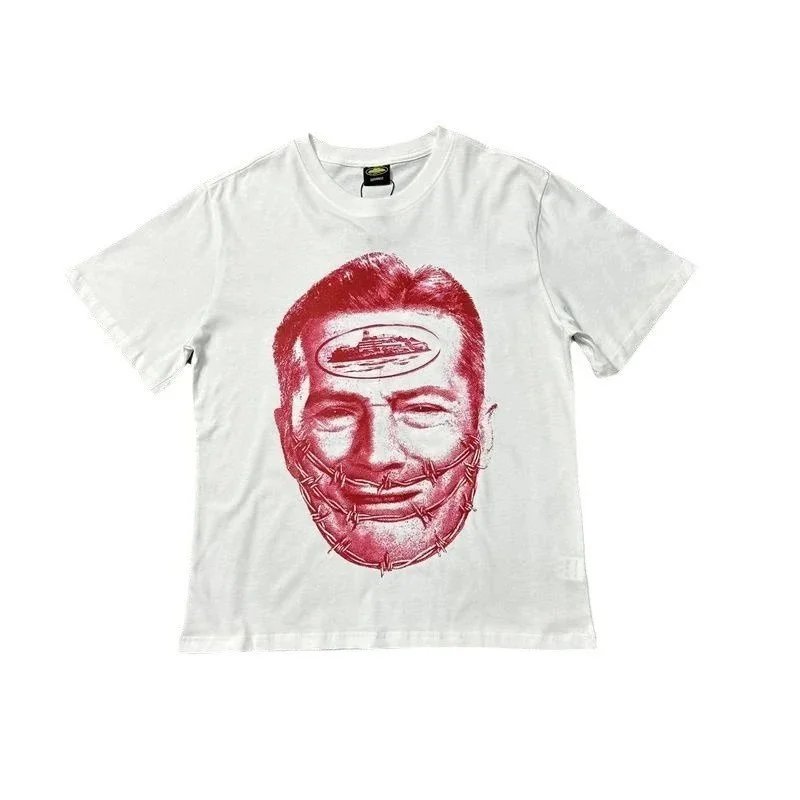 White Graphic Print T-Shirt Red Barbed Wire Face Art Casual