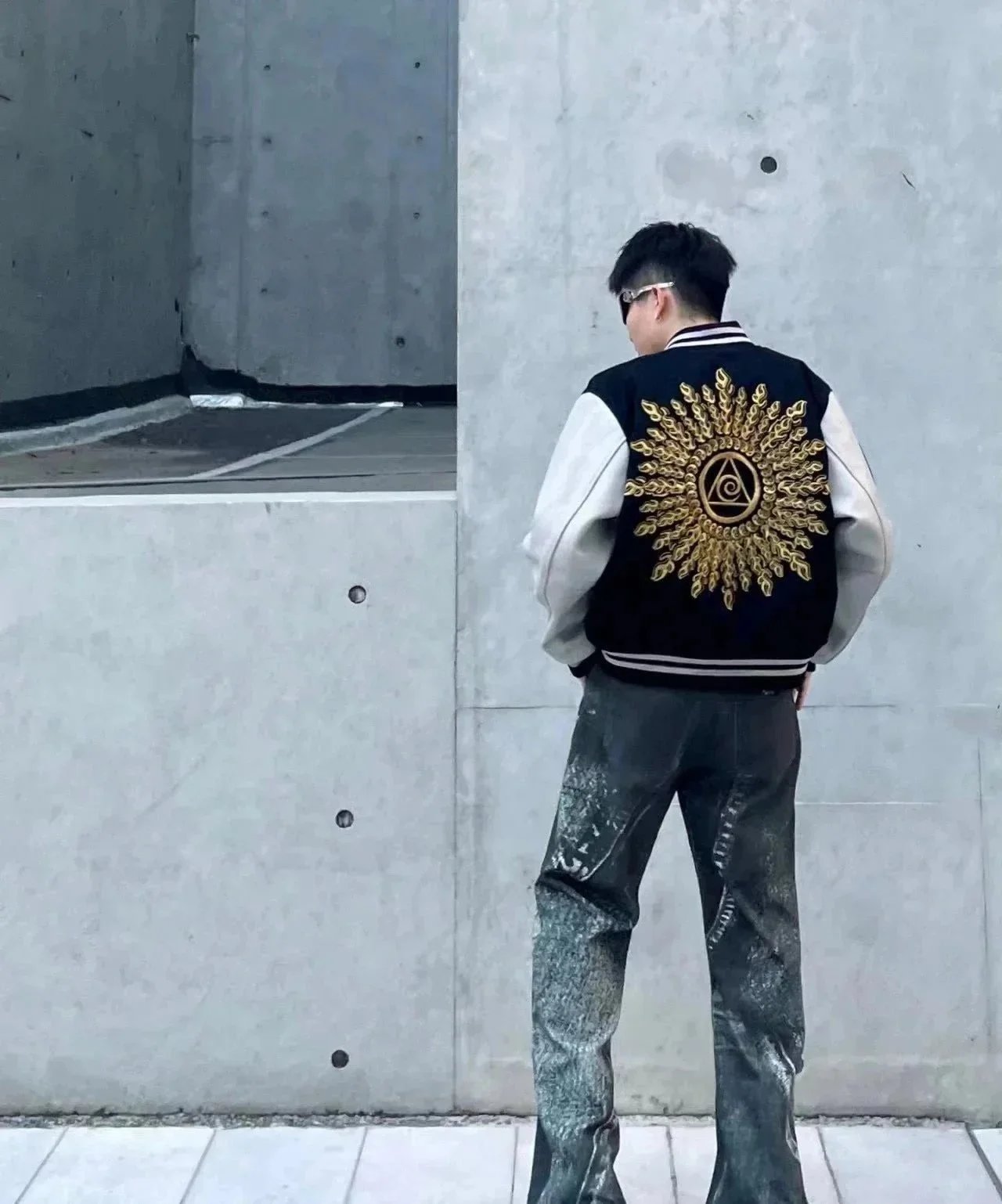 Stussy varsity jacket black cream embroidered patches collegiate