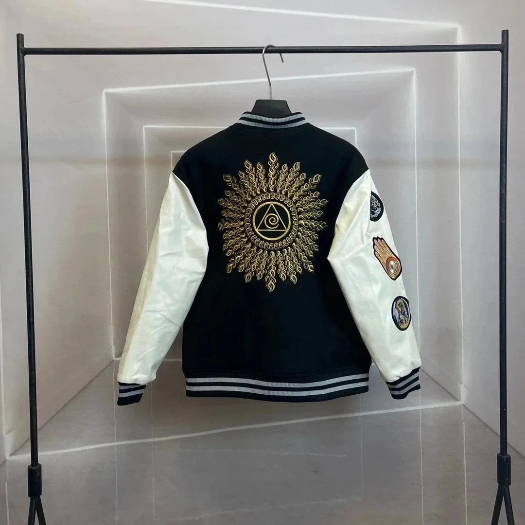 Stussy varsity jacket black cream embroidered patches collegiate