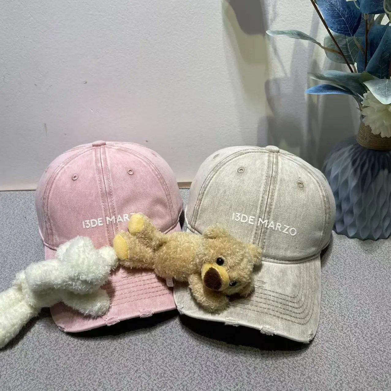 13DE MARZO Pink Beige Distressed Baseball Cap