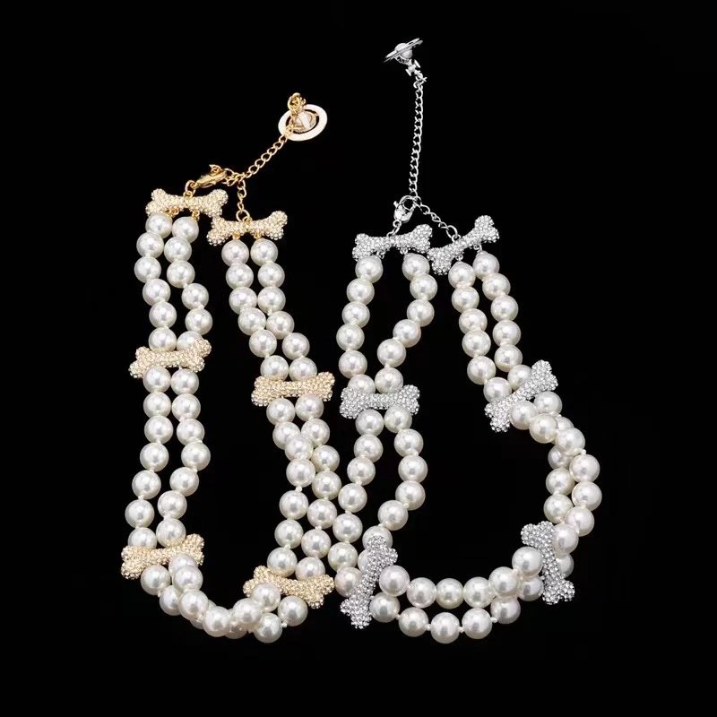 Pearl Bone Charm Multi Strand Necklace White Gold Silver Vintage