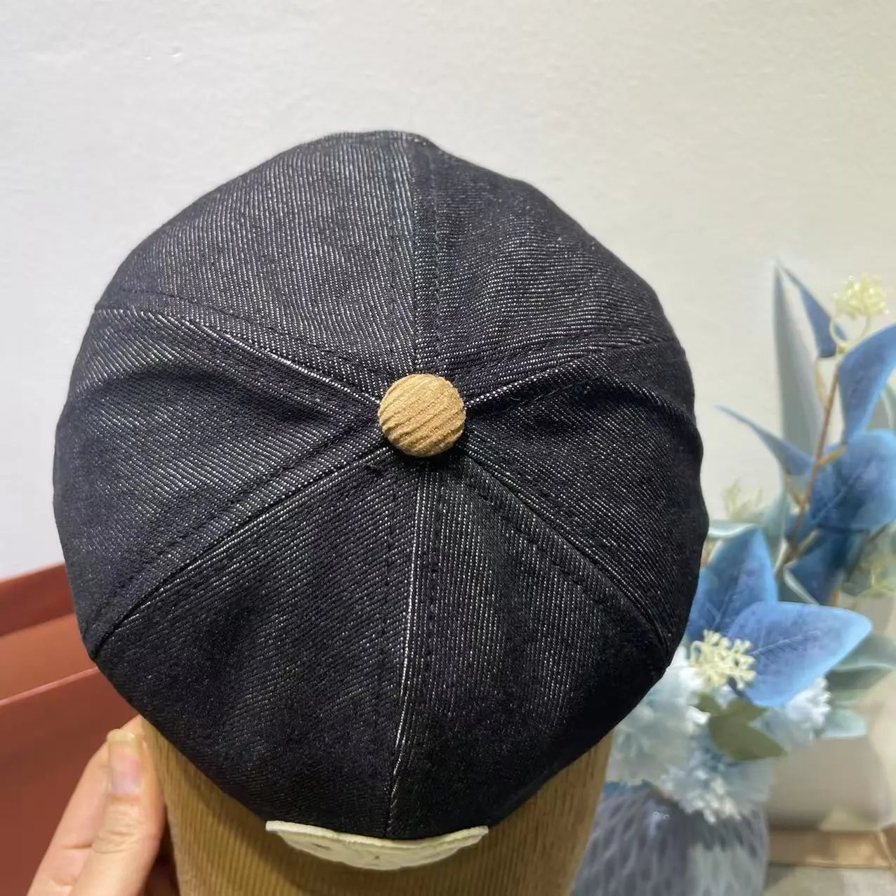 Denim Baseball Cap Black Beige Embroidered Logo Cap
