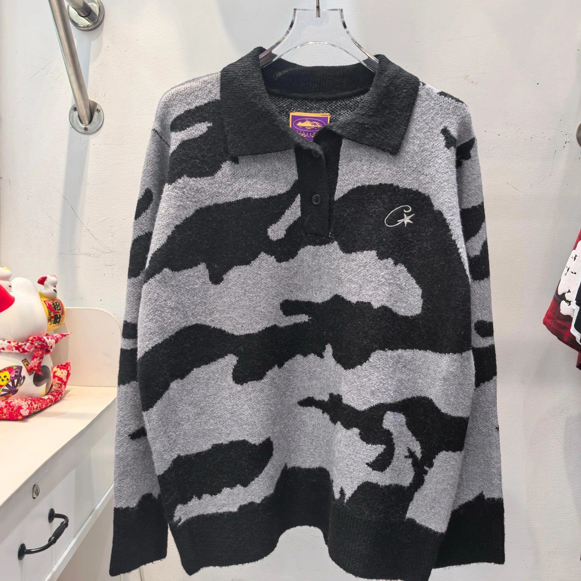 Camouflage Knit Polo Sweater Gray Black Casual