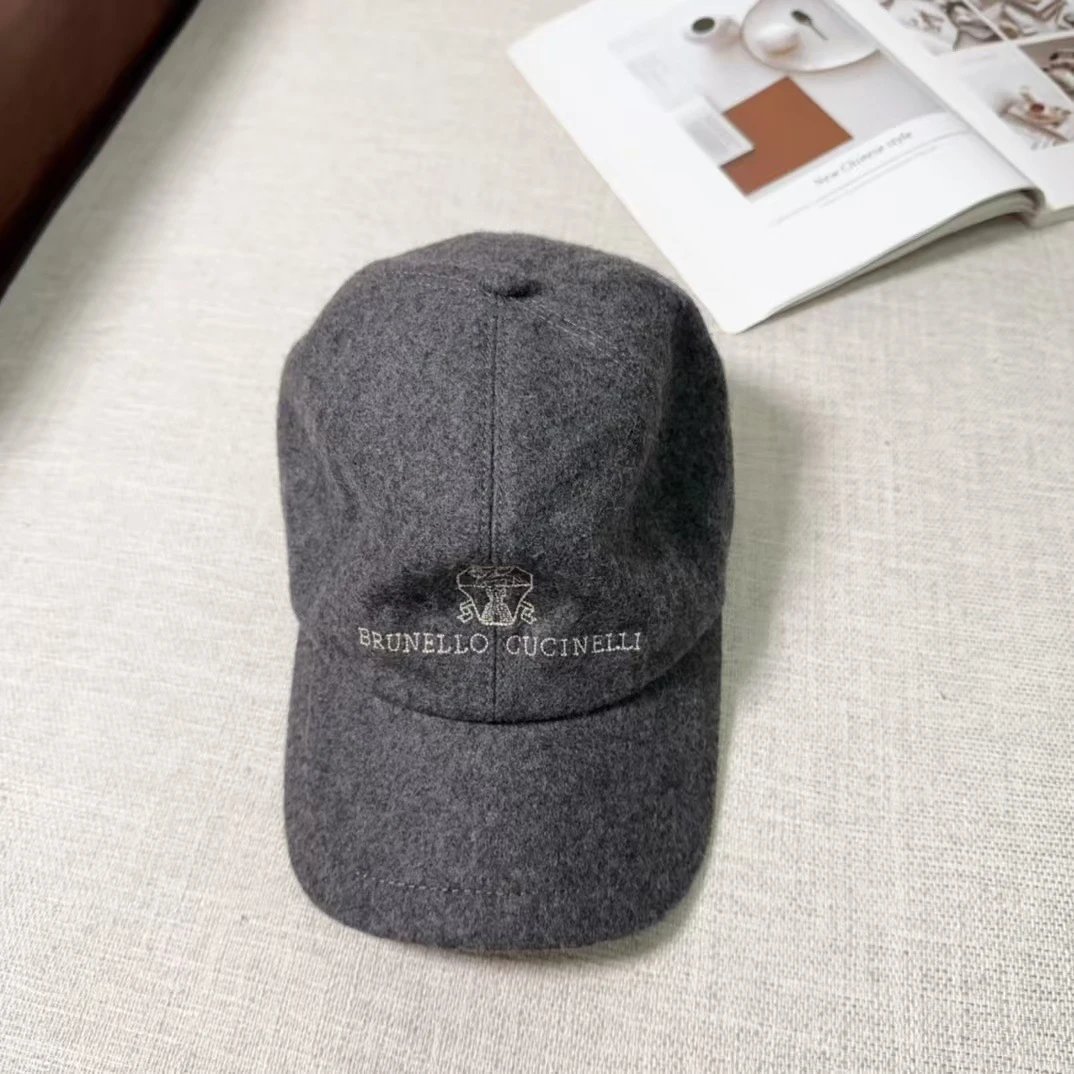 Brunello Cucinelli Hats Embroidered Logo Wool Baseball Cap — Dark gray
