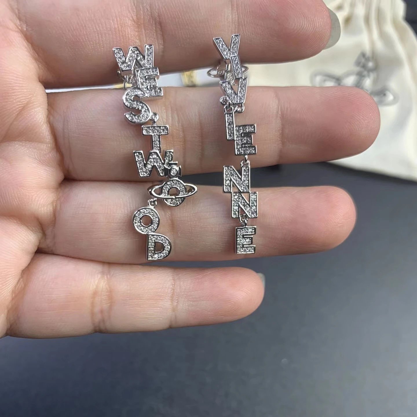 Crystal Letter Yves Saint Laurent Silver Rhinestone Dangle Earrings