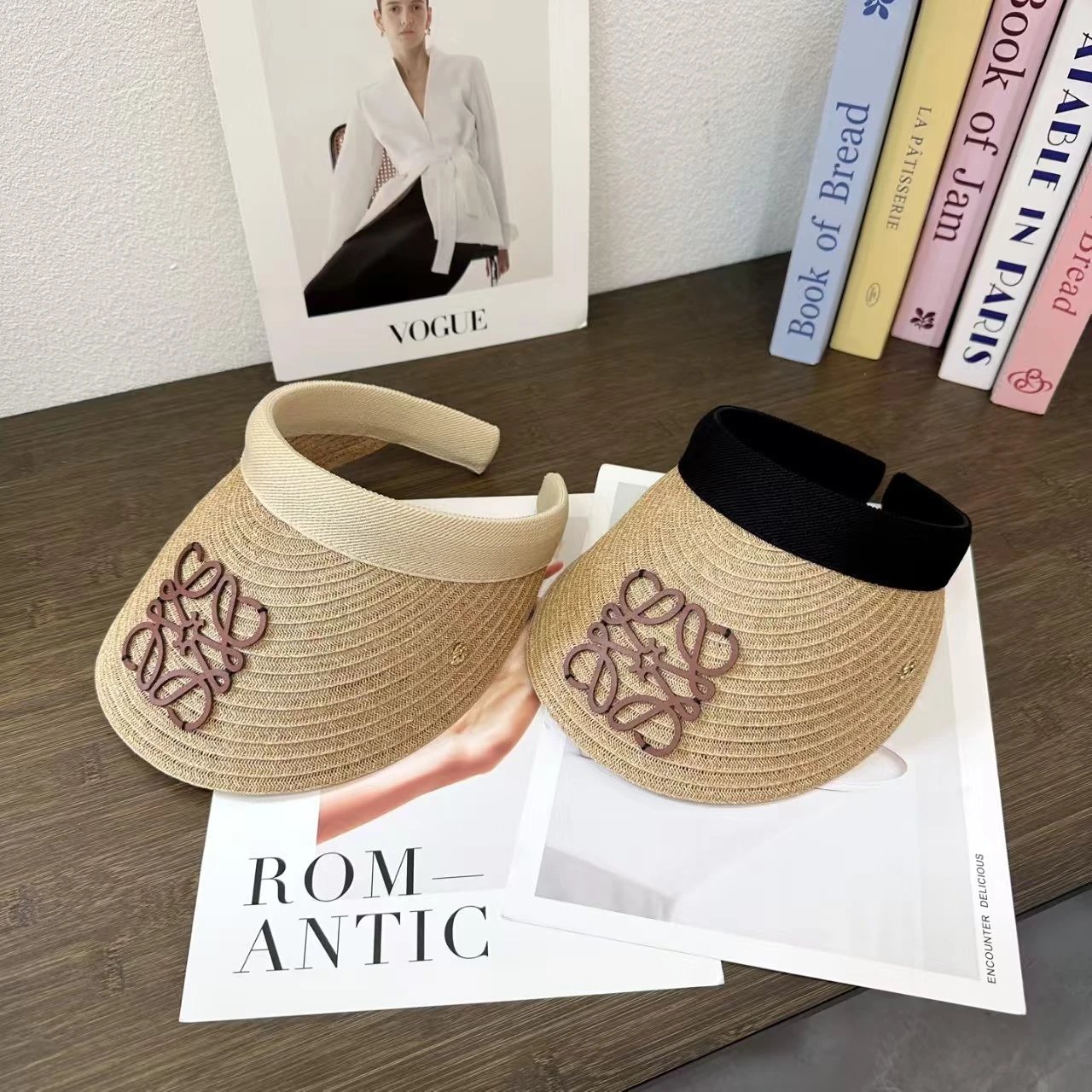 Straw Visor Hat Beige Black Adjustable Sun Visor
