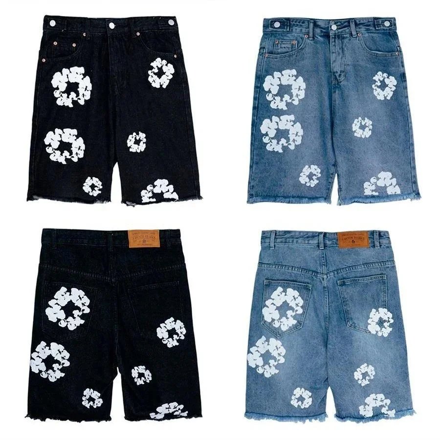 Denim Shorts Black Blue Floral Print Distressed Cut-Off