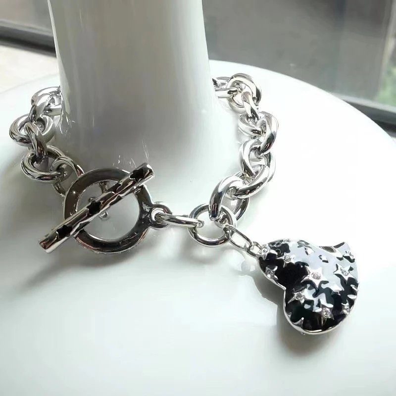 Silver Tone Chain Bracelet Turquoise Enamel Heart Charm with Star Rhinestones
