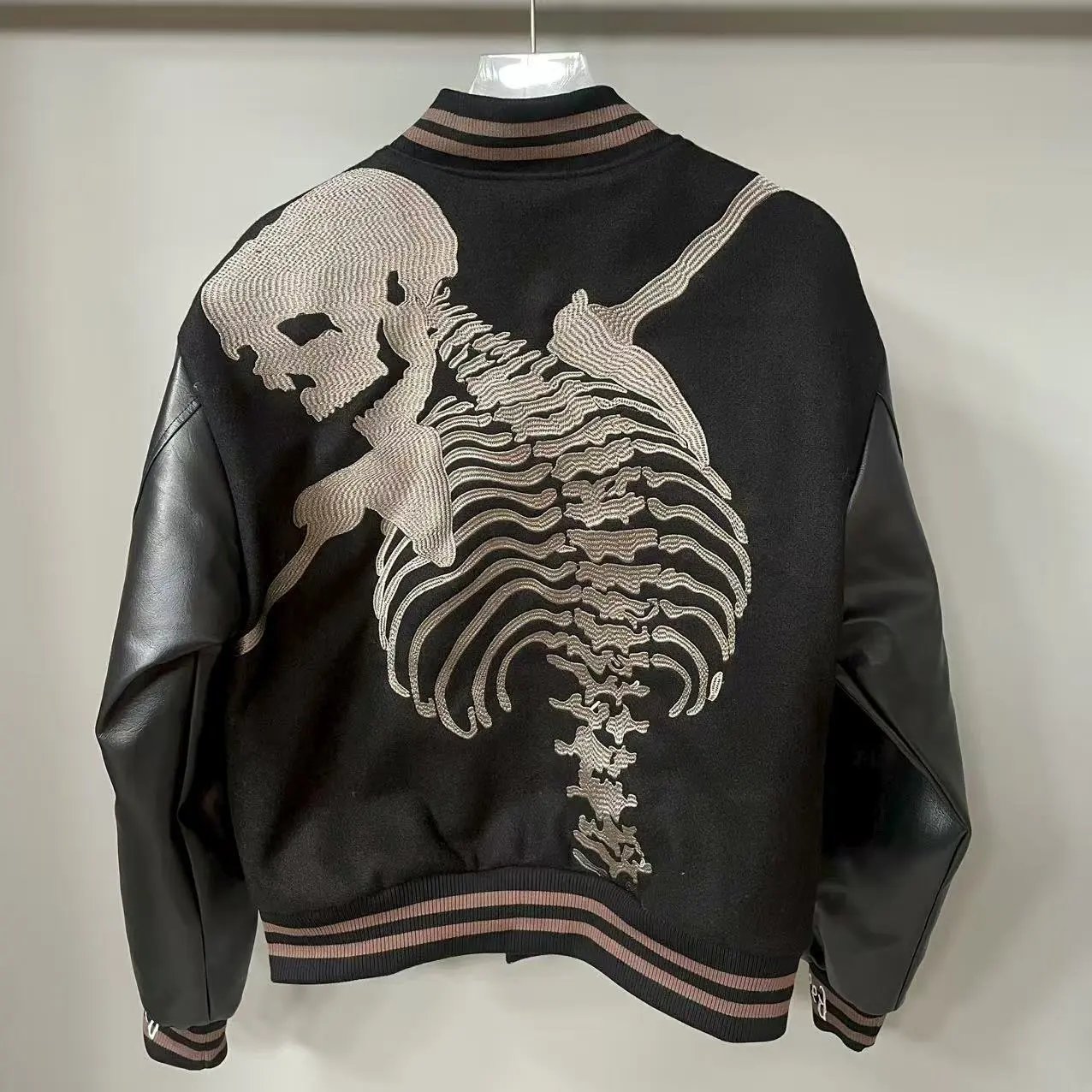 Skeleton Embroidered Black Leather Sleeve Varsity Jacket