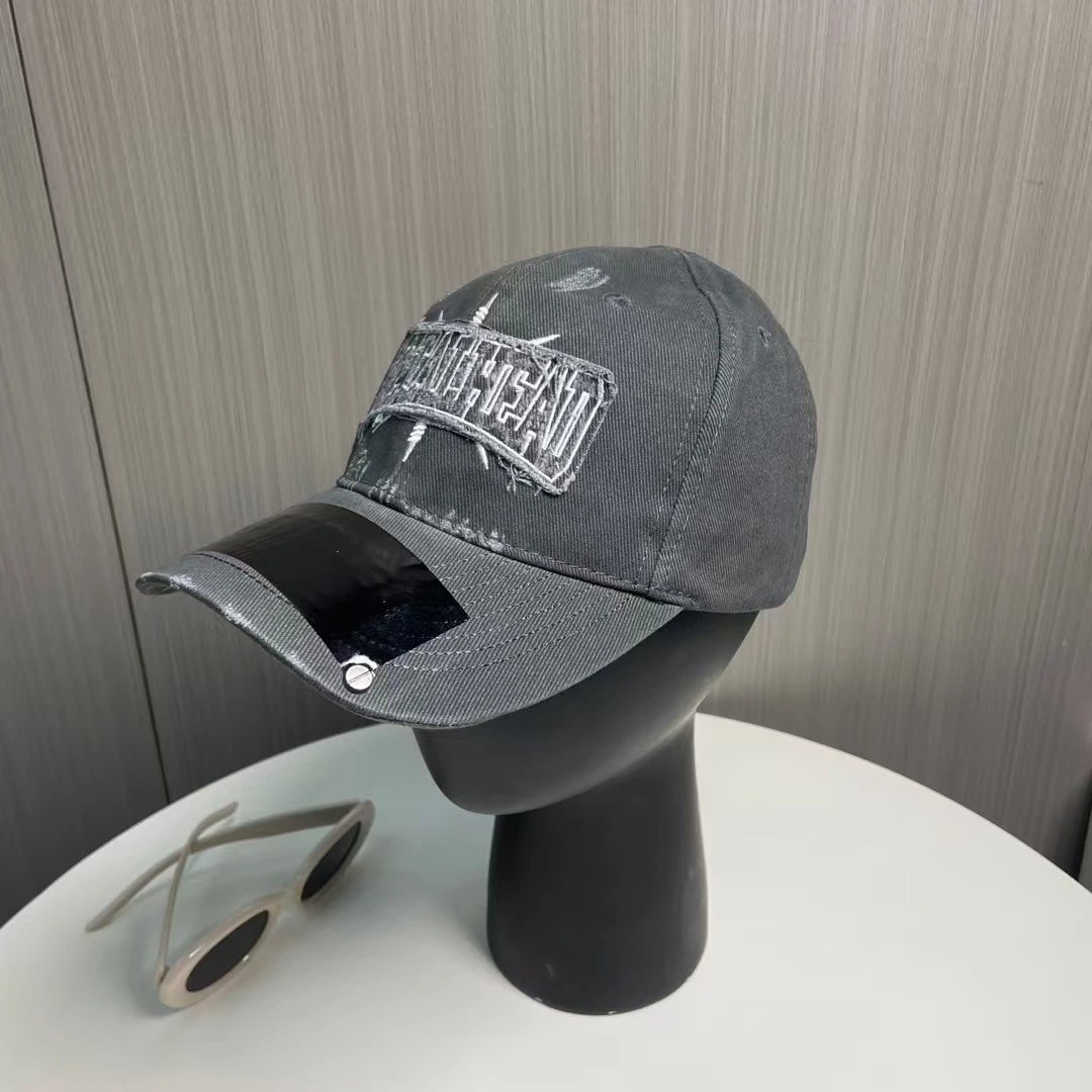 Black Denim Baseball Cap With White Embroidered Logo And Glossy Visor