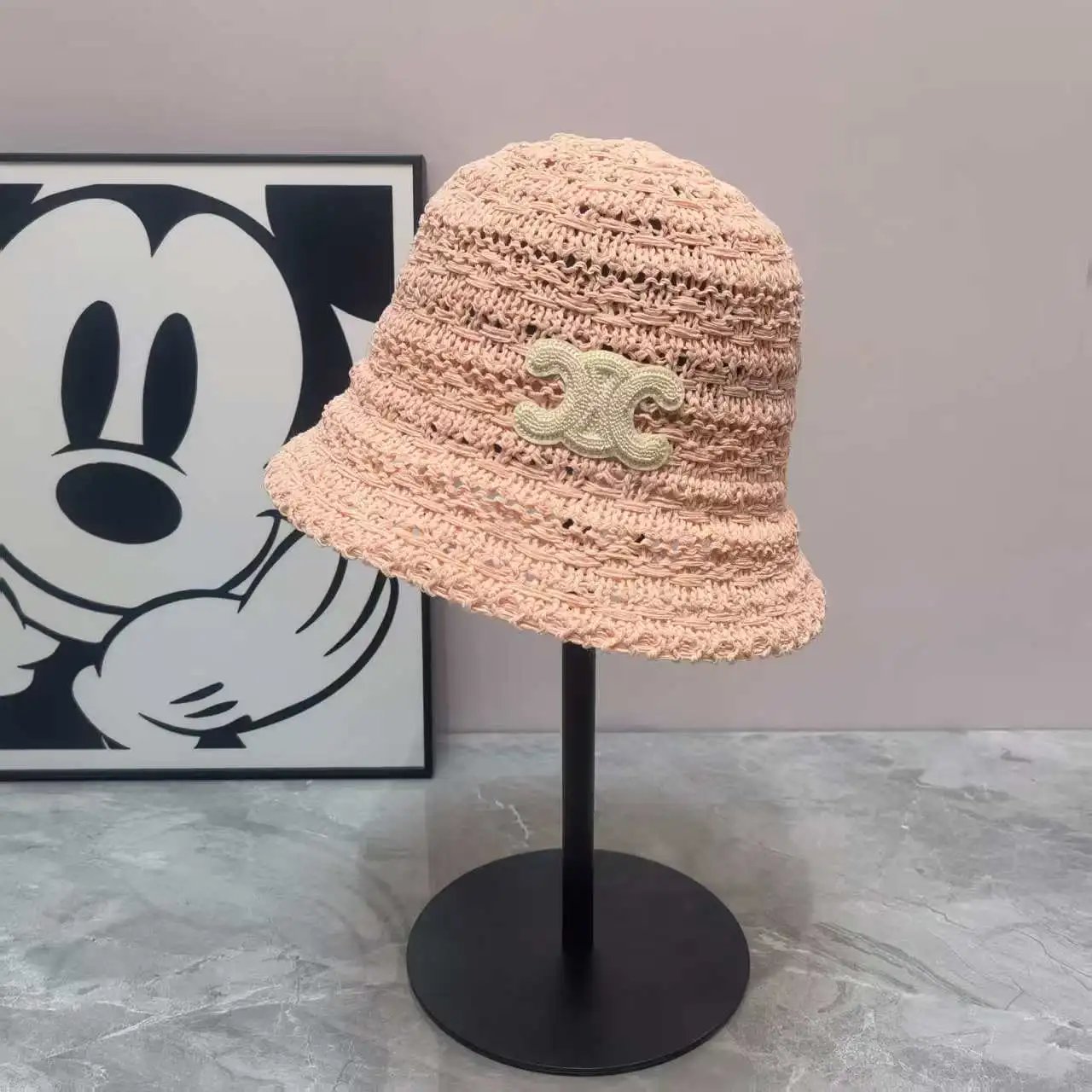 Crochet Bucket Hat Beige White Pink Black CC Logo Summer Hat