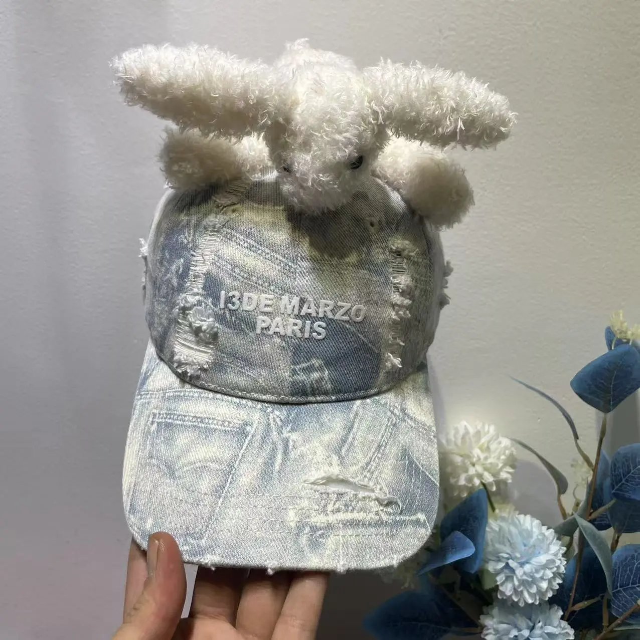 Denim Baseball Cap Light Blue Distressed Embroidered 13 De Marzo Paris With Plush Rabbit Ears