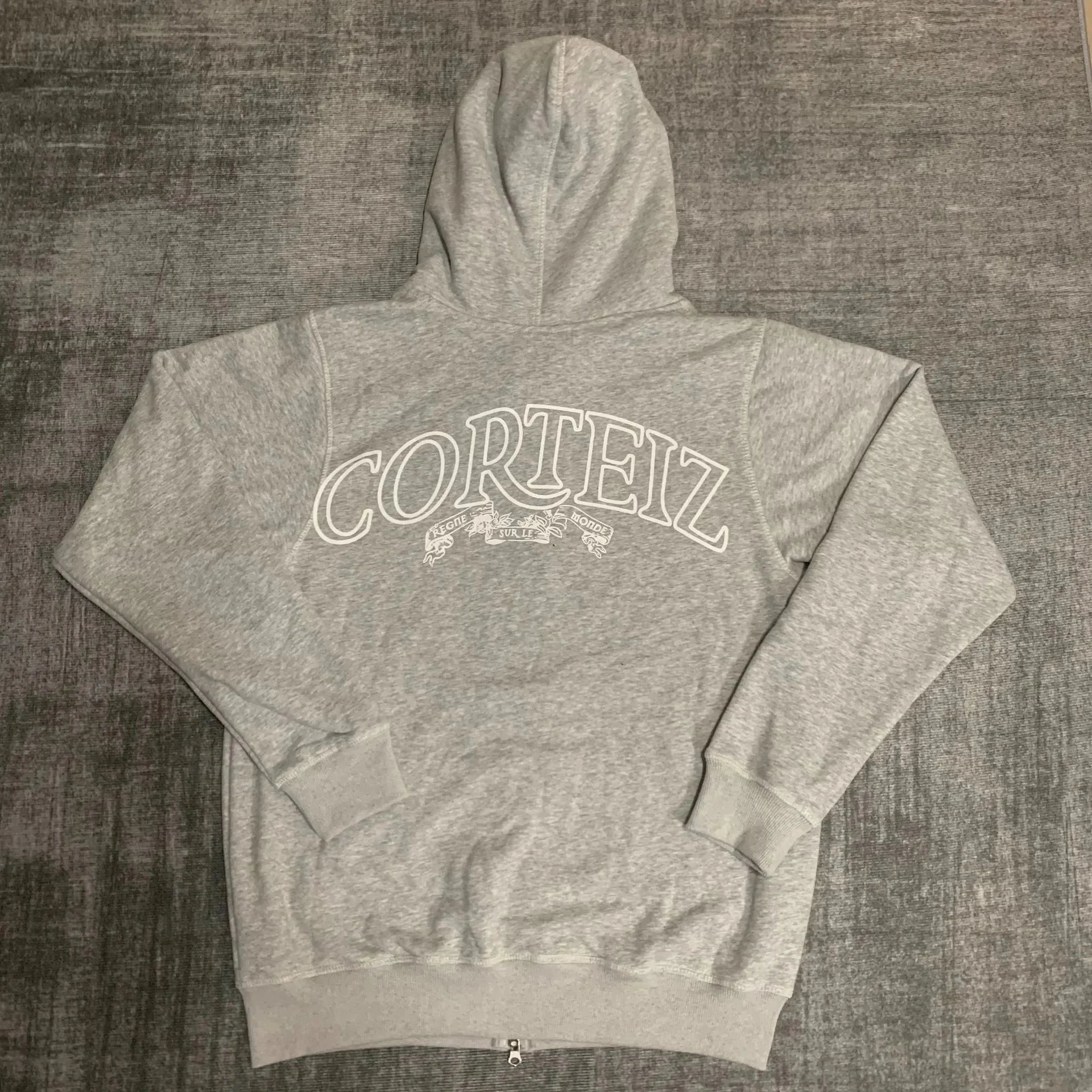 Corteiz Gray Zip-Up Hoodie Light Blue Embroidered Graphic Sweatshirt