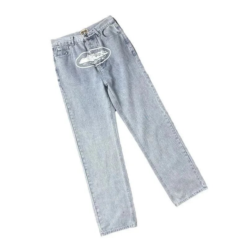 Denim Straight Leg Light Blue Washed Graphic Jeans