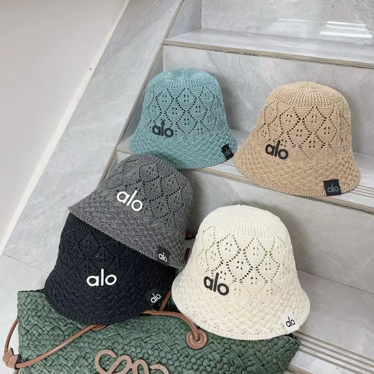Alo Knitted Bucket Hat Light Blue Beige Gray Black Cream Crochet Style