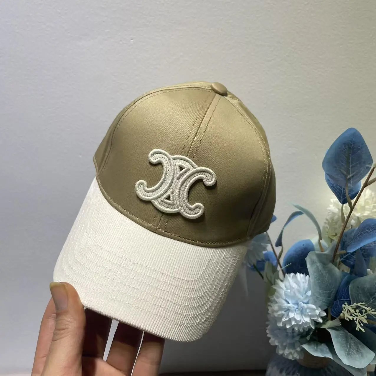 Celine Baseball Cap Khaki White Embroidered Logo Cap