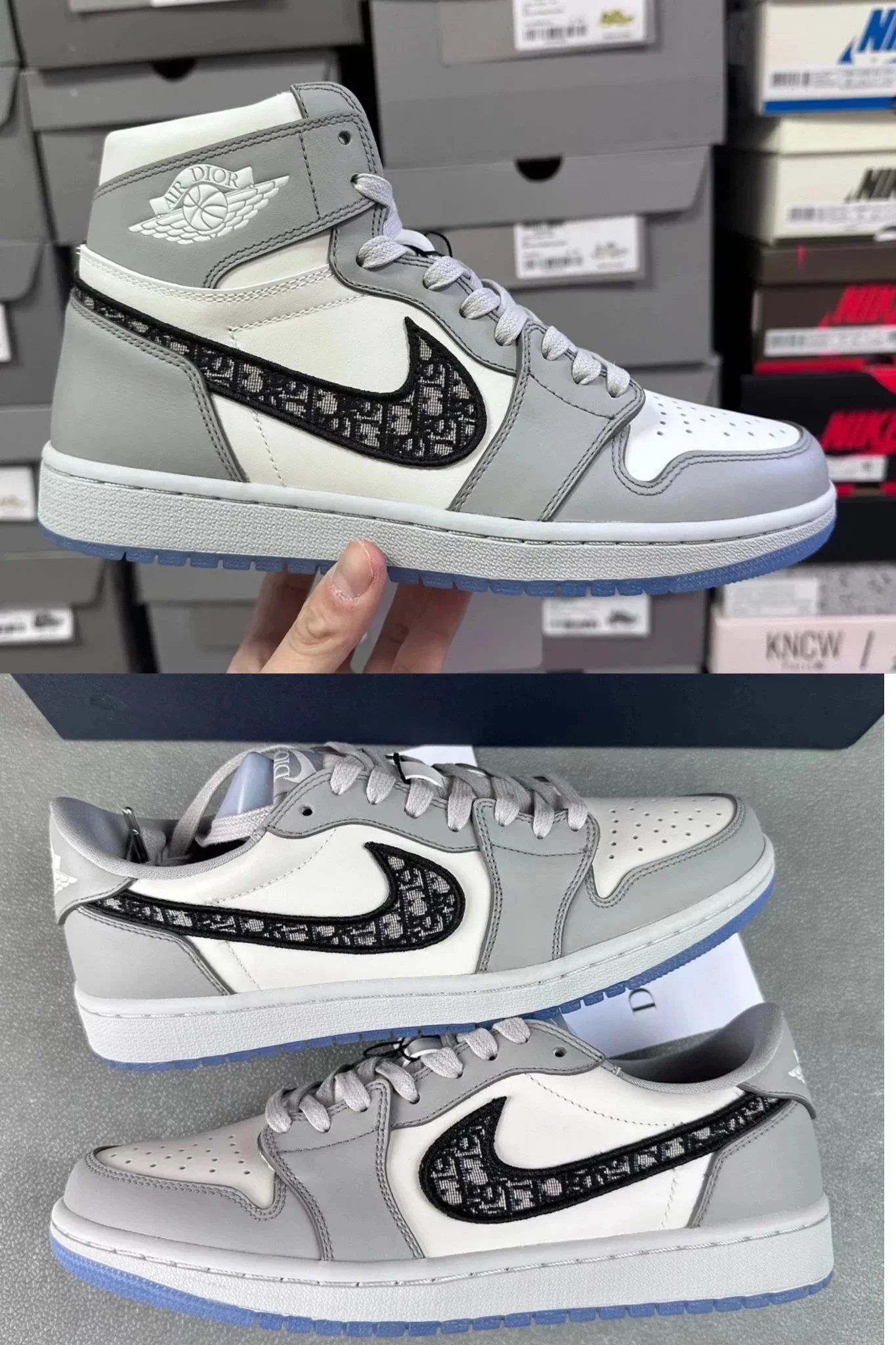 Dior Air Jordan 1 Grey White Oblique Pattern High Top Sneakers