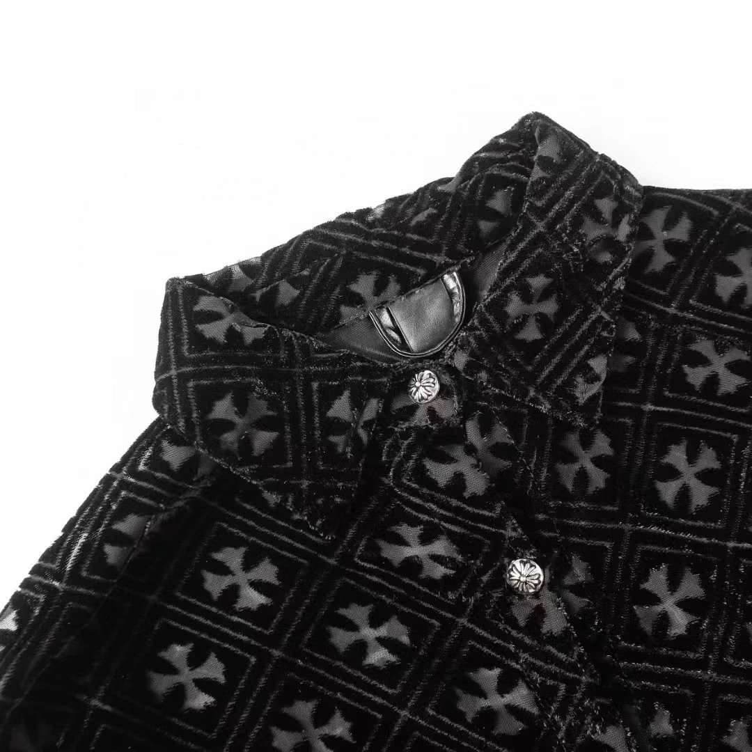Black Velvet Cross Pattern Stand Collar Jacket