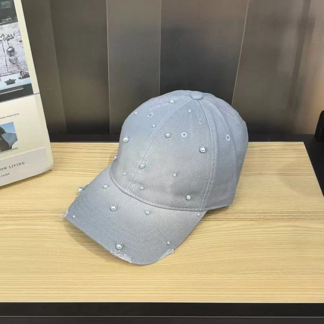 Pearl Embellished Denim Baseball Cap Pink Blue White Black Distressed