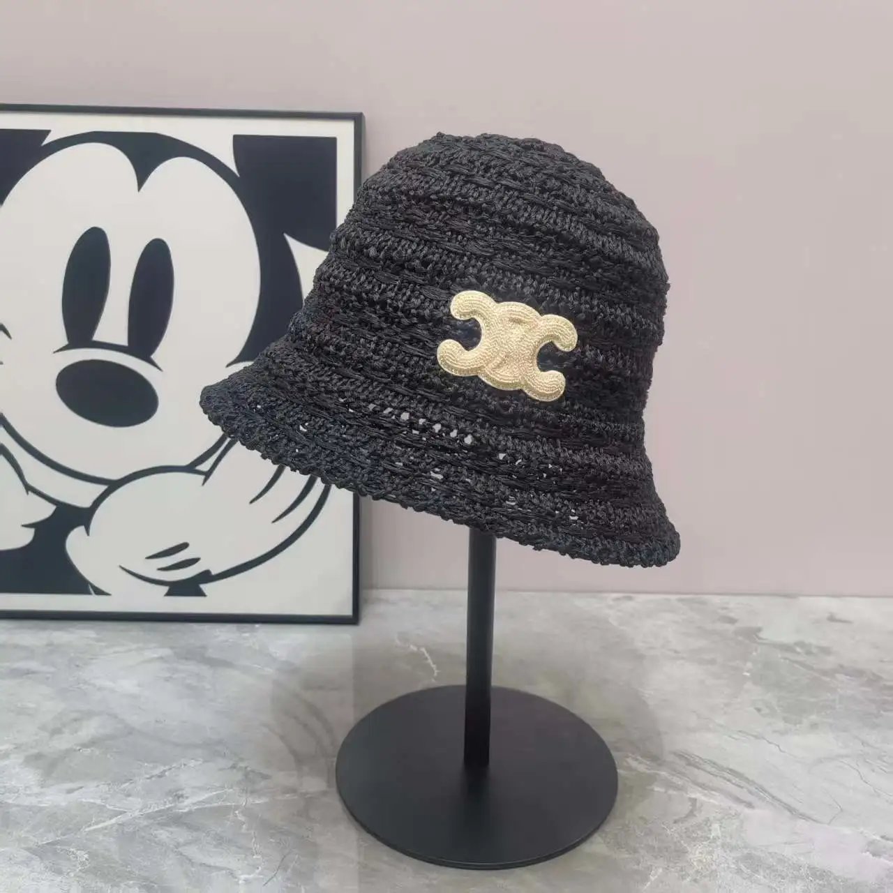 Crochet Bucket Hat Beige White Pink Black CC Logo Summer Hat