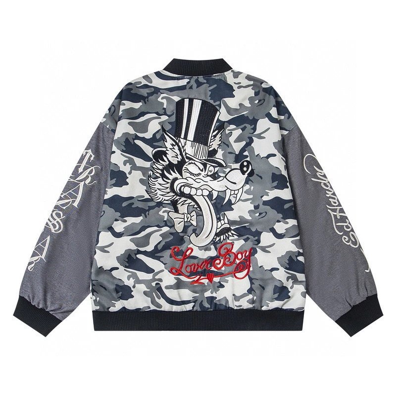 Love Boy Camouflage Gray Embroidered Wolf Bomber Jacket