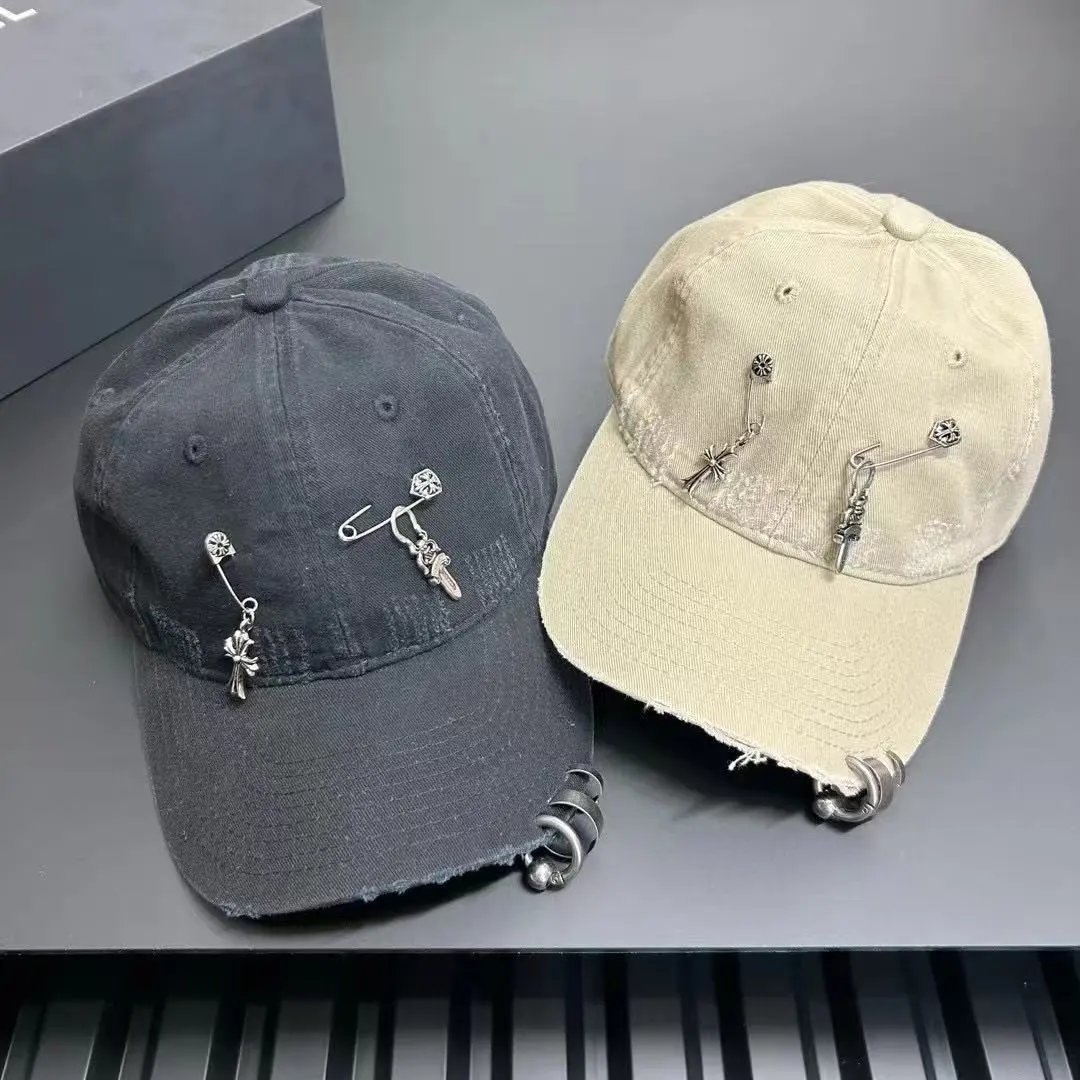 Distressed Black Denim Baseball Cap with Silver Safety Pin and Cross Charms