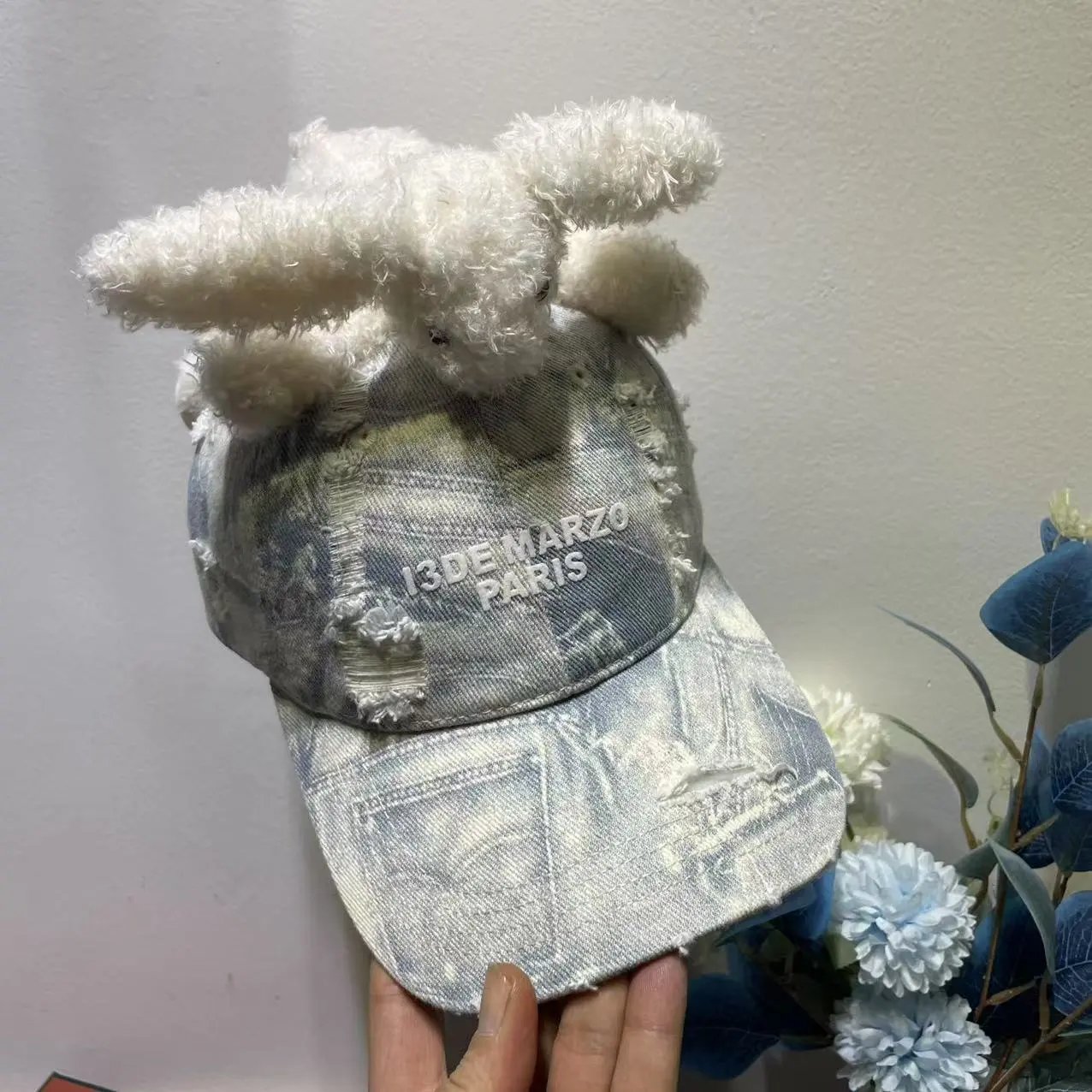 Denim Baseball Cap Light Blue Distressed Embroidered 13 De Marzo Paris With Plush Rabbit Ears