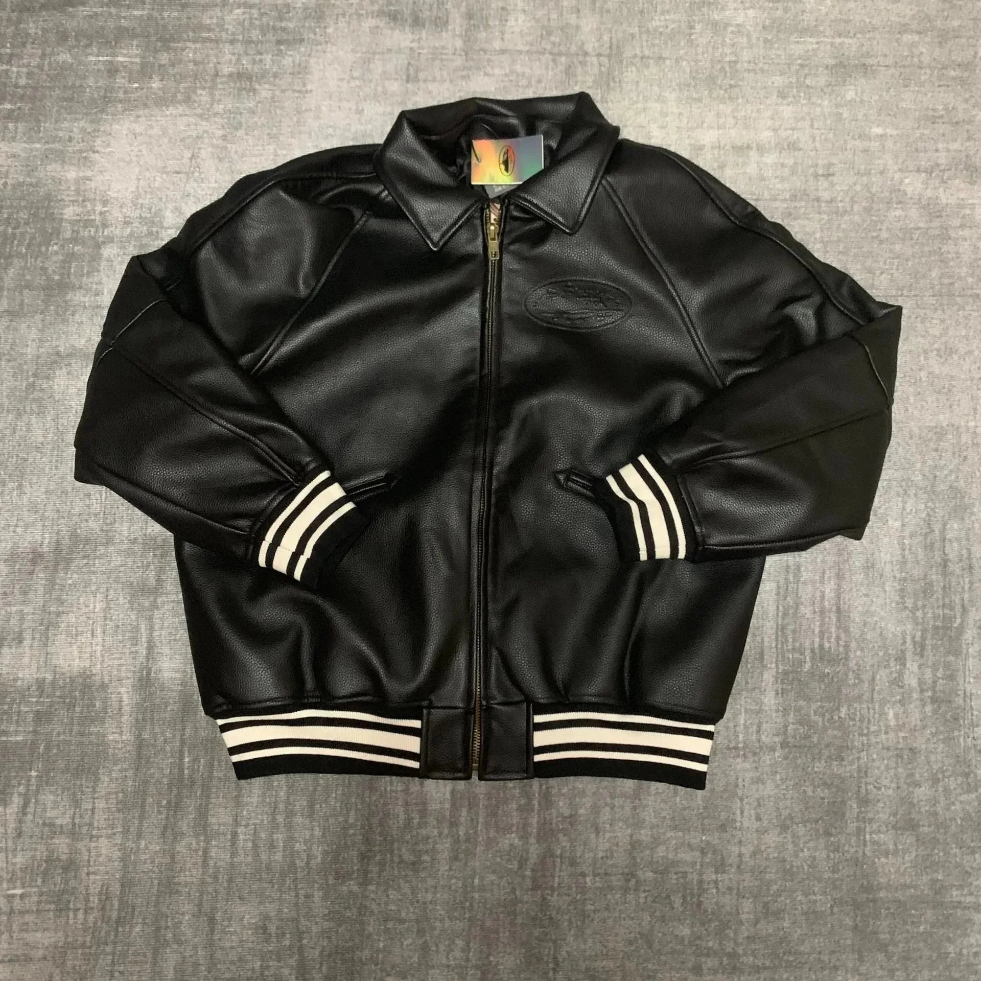 Black Faux Leather Bomber Jacket with White Stripe Cuffs and Hem