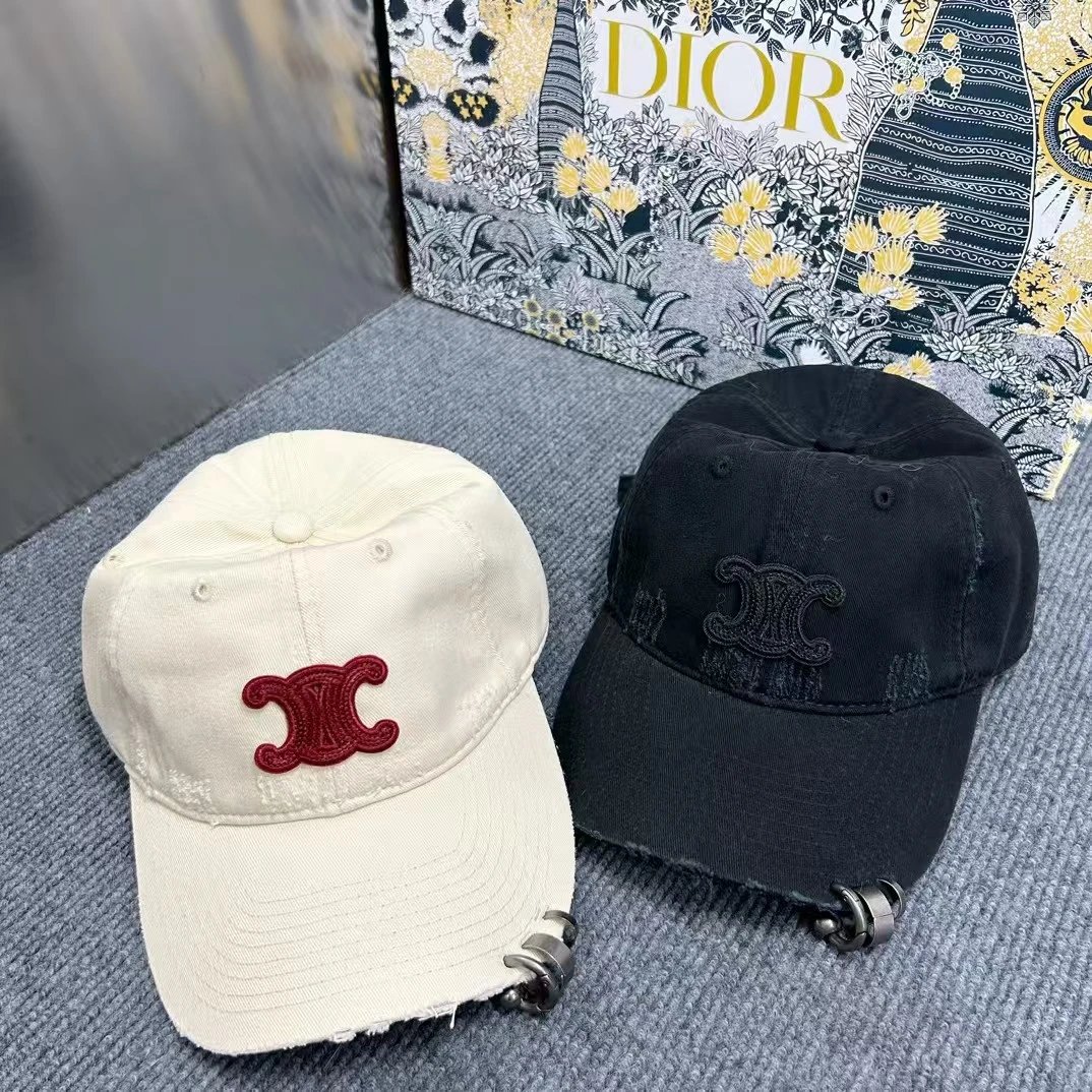 Celine Logo Embroidered Beige White Black Olive Distressed Baseball Cap